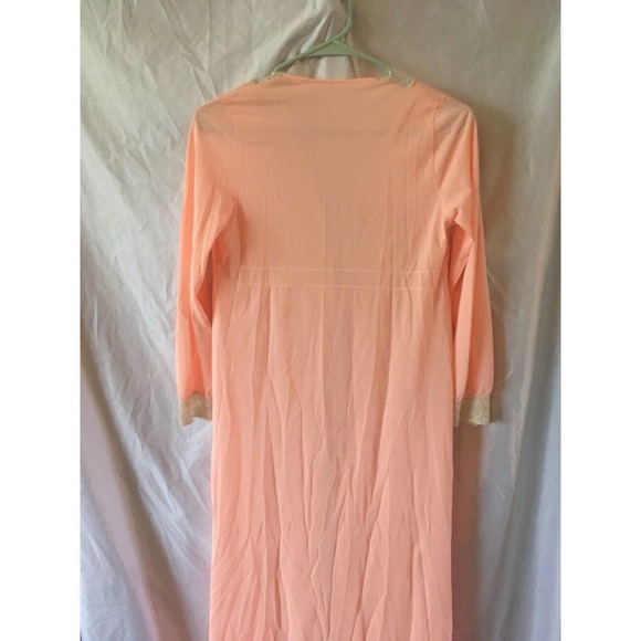 VINTAGE DREAM AWAY Peach LACE TRIM SILKY NYLON GOWN NIGHTGOWN Maxi Robe S - Picture 7 of 7